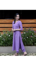 Lavender V-Neck Straight Kurta Set for Women