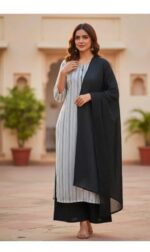 Elegant Black & White Printed Kurta Set With Dupatta - Image 2