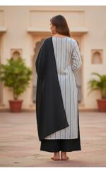 Elegant Black & White Printed Kurta Set With Dupatta