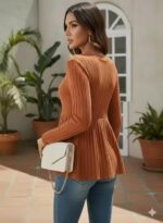 Women Casual Flared Sleeve Self Design Blue Top Stylish Regular Fit Soft Fabric Trendy Office Party Top - Image 4