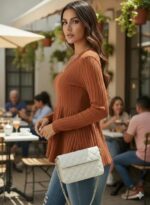 Women Casual Flared Sleeve Self Design Blue Top Stylish Regular Fit Soft Fabric Trendy Office Party Top - Image 5