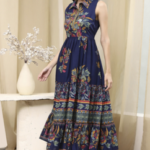 Indigo Cotton Floral Tiered Dress