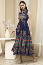 Indigo Cotton Floral Tiered Dress