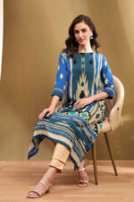 Rohit Bal Blue Silk Chanderi Floral Straight Suit Set